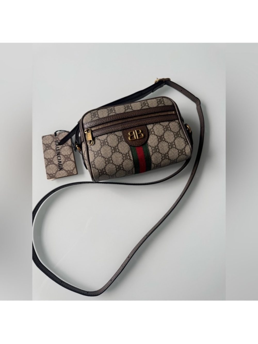 Balenciaga/Gucci Beige Monogram Crossbody Bag with Green and Red Stripe